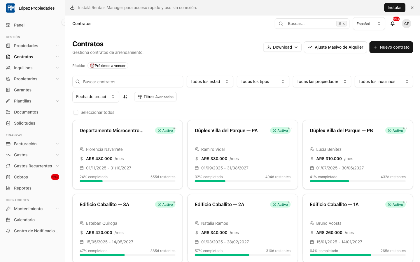 Listado de contratos con contratos activos, inquilinos, fechas, estado y acciones.