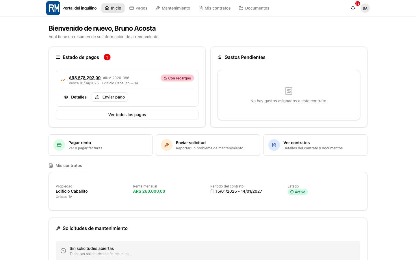 Portal del inquilino para autoservicio de pagos, contrato, mantenimiento y documentos.